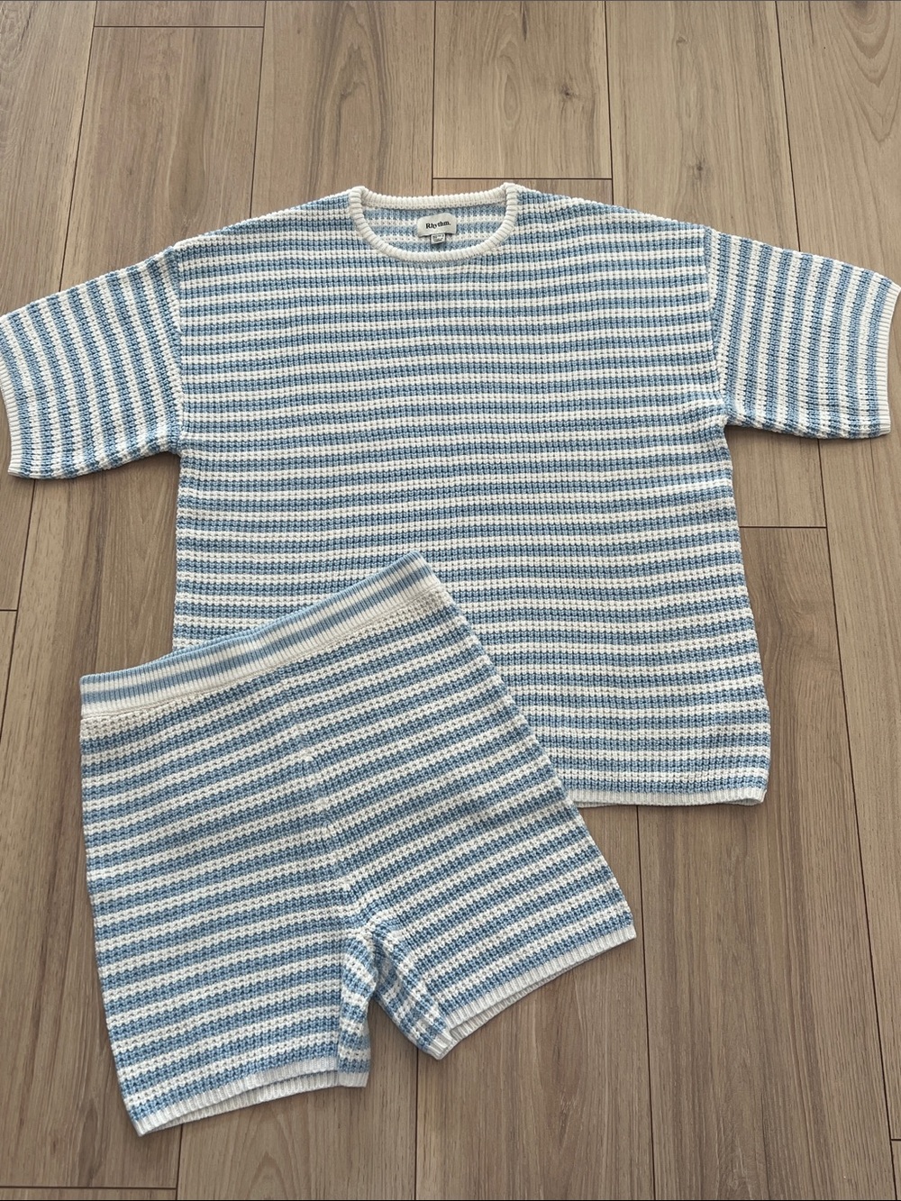 Rhythm. Blue and White Cotton Blend Striped Knit Short Sleeve Top & Shorts Set